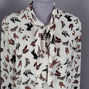 Vintage Cartise Shoe Print Tie Neck Bow Blouse Gold Rectangle Buttons